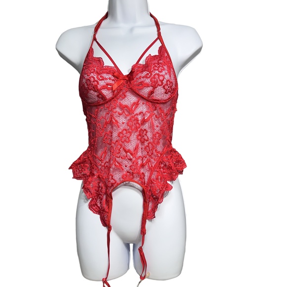 Womens Red Lace Lingerie Bodysuit XS Halter Neck Romantic Intimate Garter Straps - Picture 1 of 5